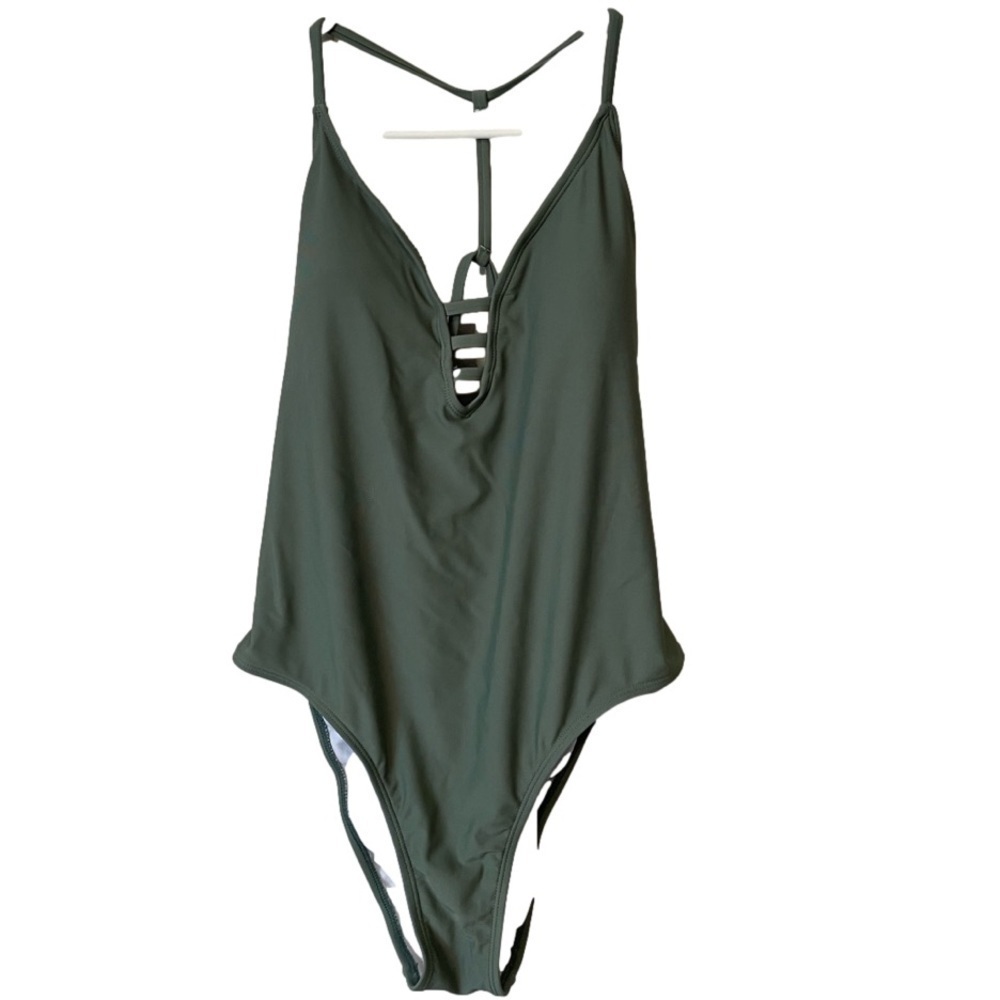 Shimmer Bay Olive Green One Piece Swim Suit Tie Back NWOT Size XL